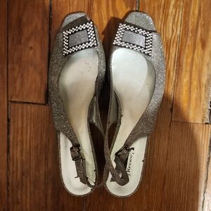 J Renee Silver Sparkly Open Toe Slingback Heels 10M